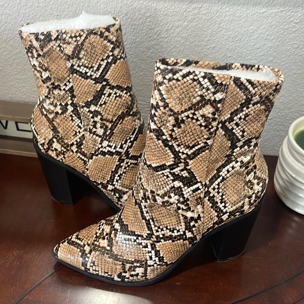 Miss Lola Tan Snake Print Ankle Boots
